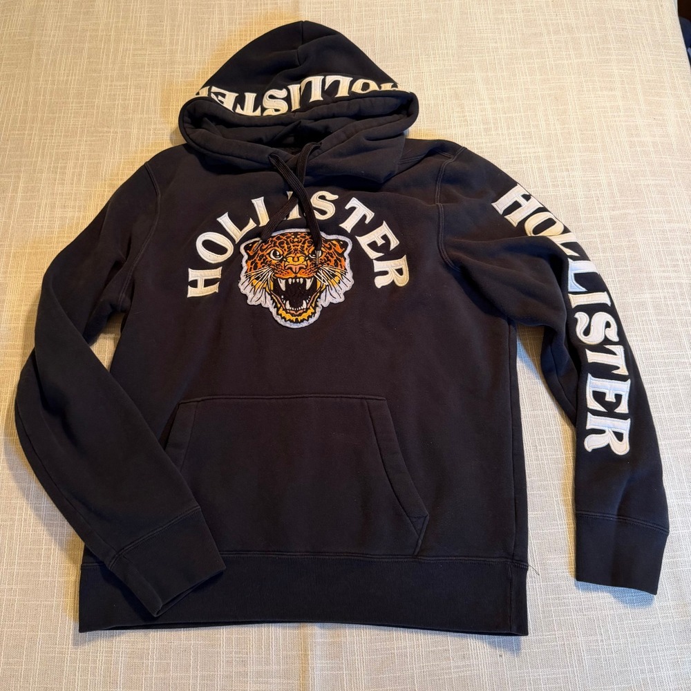 Hollister Mens Black Tiger Patch Graphic Pullover Hoodie Sweatshirt Large